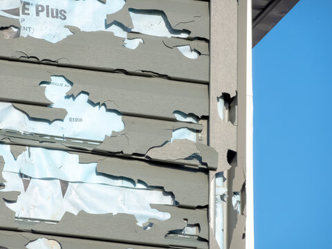 A close-up of a exterior wall with significant damage to its siding. The siding is exposed with underlying white. Some areas show complete vinyl siding loss.