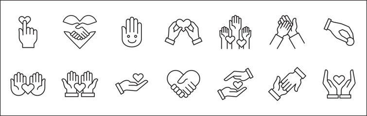 Charity and donation icon set. Charity hands icon. Aids icons. Giving hand sign. Helping hand symbol. Vector stock illustration. Collection contains symbol of volunteer, donating, compassion, funding.