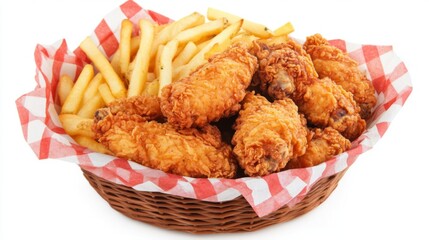 A basket of fried chicken tenders with a side of French fries, arranged neatly on a white background.