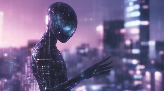Scene shows aliens on transfer data, Camera slow motion with different angles
