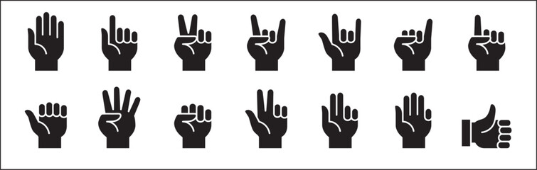 Hands gesture icon set. Hands fingers symbol. Hand finger signs set. included icons as palm, fist, bull, index, pinky, thumb up, counting and peace. Vector stock illustration in flat style.