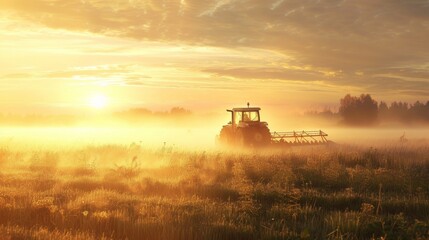 Fototapeta premium Tractor at sunrise realistic image of farming equipment in field with golden morning light