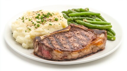 A beautifully presented steak dish with a bone-in ribeye, creamy mashed potatoes