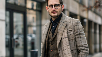 Naklejka premium A European man in his 30s, dressed in a stylish checkered suit, standing on a city street. He is wearing glasses and has a serious expression