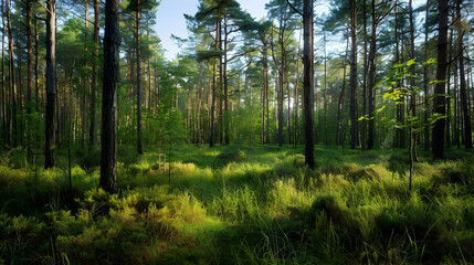 Obraz premium Sunlight Through Trees in Lush Forest - Photo