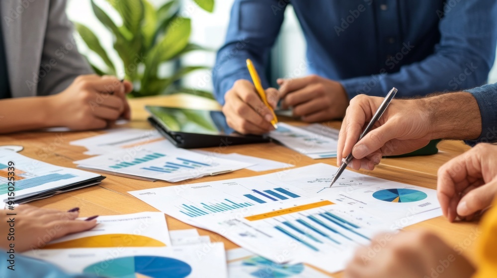 Leinwandbilder a business meeting with a diverse team discussing over charts and graphs, demonstrating teamwork and