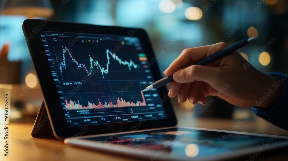 Leinwandbilder a business professional using a stylus to interact with a digital stock chart on a tablet, indicatin