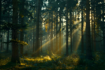 Obraz premium Sunlight Beams Through Misty Forest Trees Photo