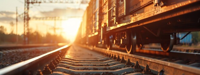  A tight shot of sun-bathed train tracks against a backdrop of trees with sunlight streaming down