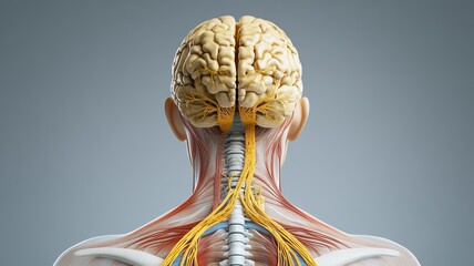 Detailed view of human anatomy showcasing the brain, spinal cord, and nervous system connections from the back.