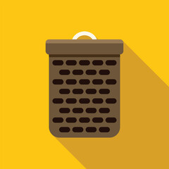 Empty wicker basket with handle for harvesting on yellow background with long shadow