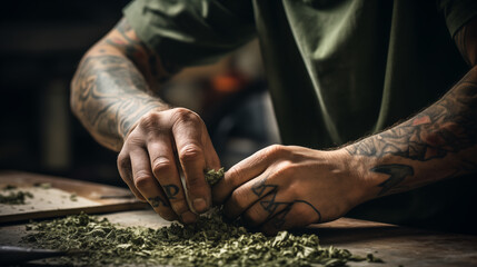 Man's hands rolling cannabis joint.