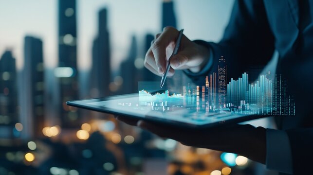 A financial analyst examines data on a digital tablet, with charts and graphs representing demographic trends and their impact on global investment opportunities. The background features a city