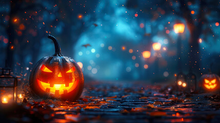 Fototapeta premium Happy Halloween. A pumpkin with a scary face is sitting on a path in a dark forest. The action takes place in autumn, leaves are scattered around. The scene is creepy
