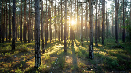 Obraz premium Sunlight Through Tall Pine Trees in Forest - Photo