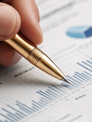 A close-up of a hand holding a pen over a financial chart, with demographic data and investment growth potential clearly visible. The minimalist design allows for focused attention on the data, with