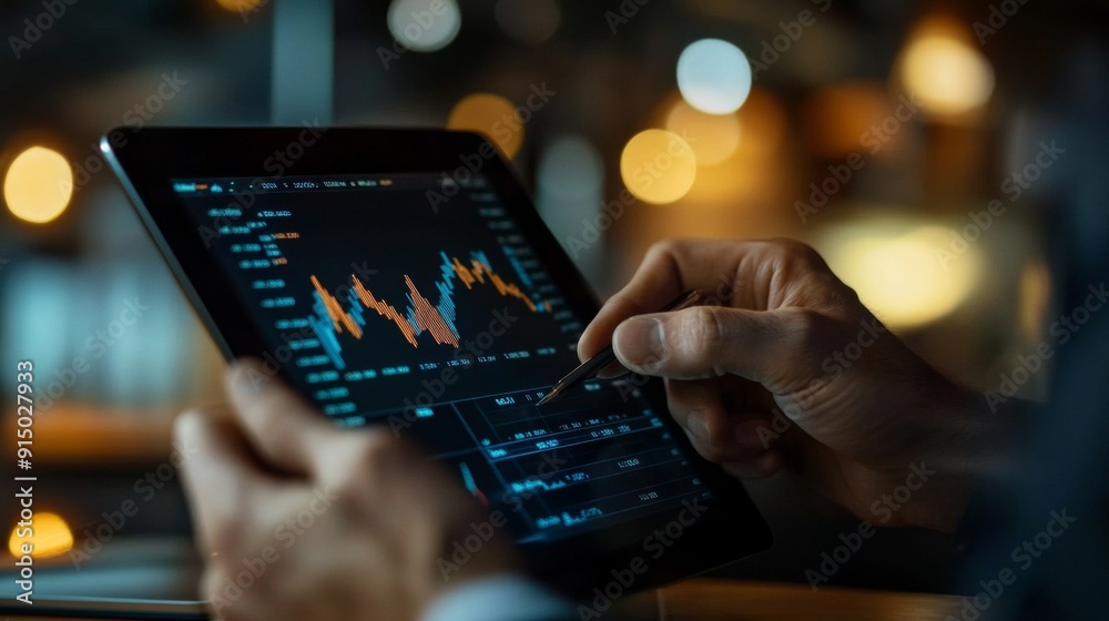 Aufkleber A businessman analyzing a complex stock chart on a digital tablet, highlighting the intricacies of market data.