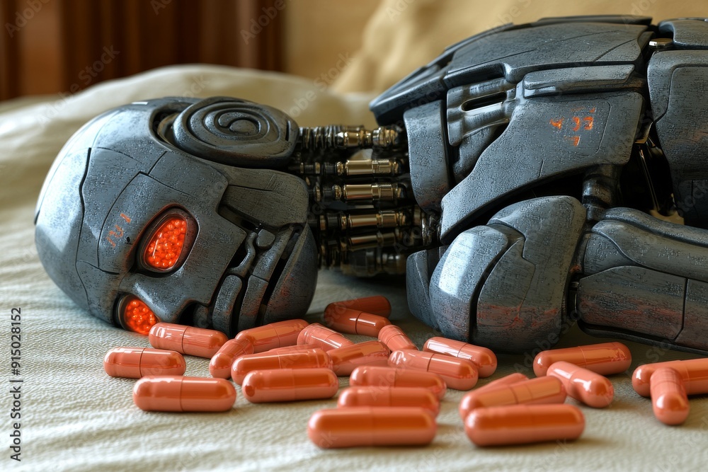 Poster robotic figure lying among capsules symbolizing the overwhelming presence of pharmaceuticals in mode