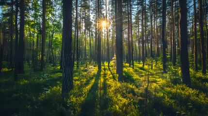 Obraz premium Sunlight Through Tall Trees in a Lush Forest Photo