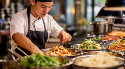 A chef preparing popular Thai and Indian dishes in an open kitchen, with fresh ingredients and vibrant spices in view.
