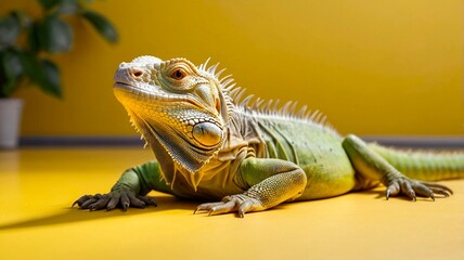 Obraz premium Green iguana isolated on yellow background. Banner with copy space. Close up, side view. National Iguana Awareness Day 