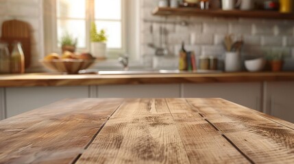 Wooden tabletop on a blurred kitchen counter background for showcasing products or designing visual layouts.