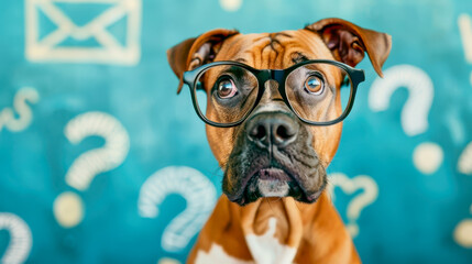Curious and perplexed dog has a lot of questions, confused dog student, study learning education concept.