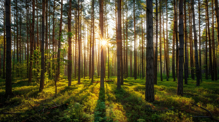 Sunlight Through Tall Pine Trees in a Forest - Photo