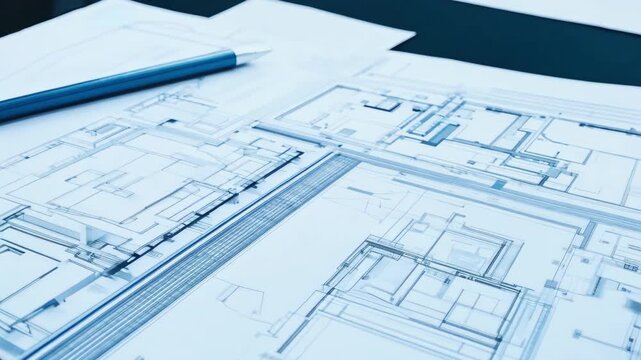 Close up of architecture design project of building. Professional architectural engineering plan drawing on the table. Architect's creative work. House construction blueprints.