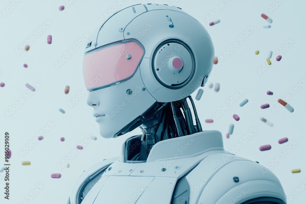 Sticker Humanoid robot with a sleek white design and pink visor symbolizing the fusion of AI and futuristic design captured in a bright detailed environment