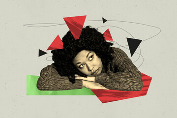Collage image artwork of sad upset woman sitting thinking solving problem isolated on drawing...