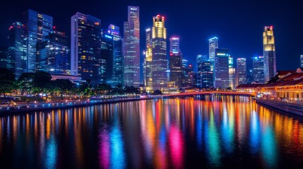 Fototapeta premium A city skyline lit up at night with colorful lights and reflections on a river, capturing the vibrant nightlife atmosphere.