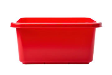 Vibrant Red Plastic Container Positioned Against White Background in Studio Setting on Transparent PNG Background..
