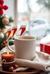 A clos-up shoto of a cozy Christmas coffee setup, blurred background