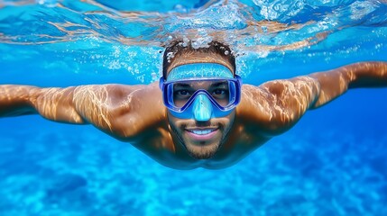 Naklejka premium A man is swimming in the ocean wearing a blue mask. He is smiling and he is enjoying himself