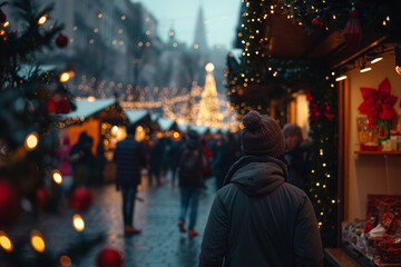 Festive Evening at a Christmas Market with Illuminated Decorations and Shoppers
