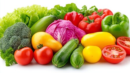 A colorful assortment of vegetables including tomatoes, cucumbers, and peppers. Concept of freshness and abundance, as the various vegetables are displayed in a visually appealing manner