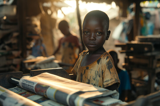 Young Boy Working in Traditional Print Shop at Sunset
