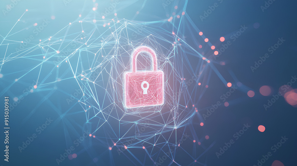 Poster abstract cyber security concept with a padlock icon, network data and dynamic lines on a light blue 