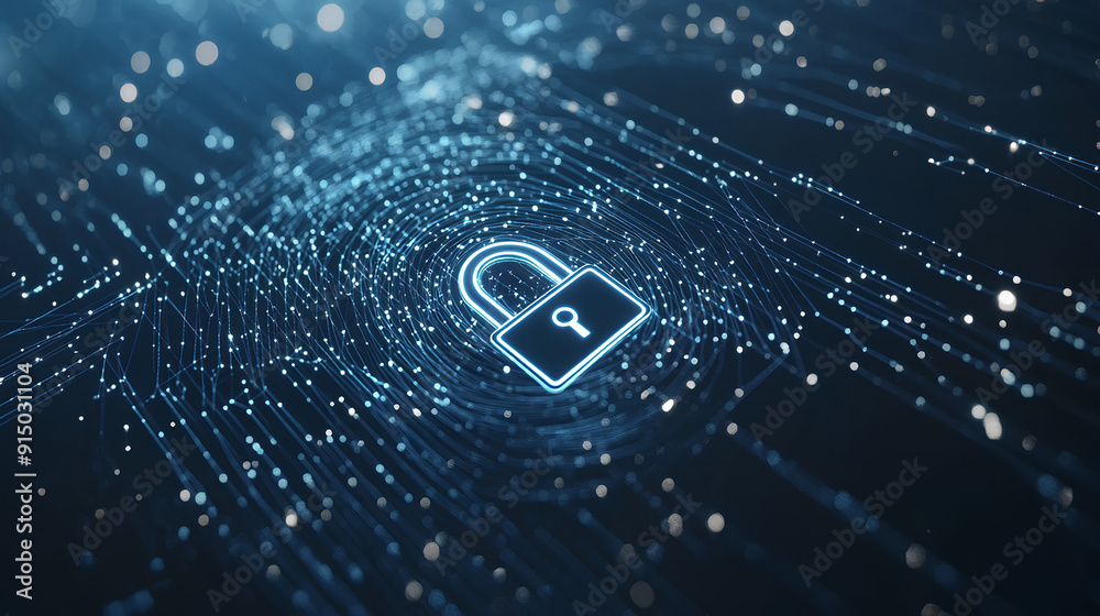 Poster abstract cyber security concept with a padlock icon, network data and dynamic lines on a light blue 