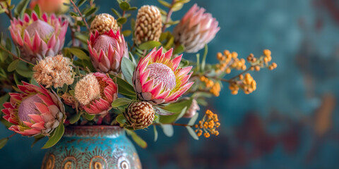 Obraz premium Vibrant Protea Flower Bouquet in Decorative Vase Against Artistic Background