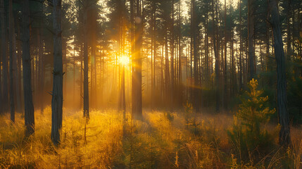 Obraz premium Golden Sunlight Through Tall Pine Trees Forest Photo