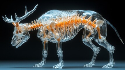 A realistic artwork of a random animal with a clear acrylic body covered in bones, rendered in high resolution with smooth vinyl texture, soft shading, and honey-style lighting