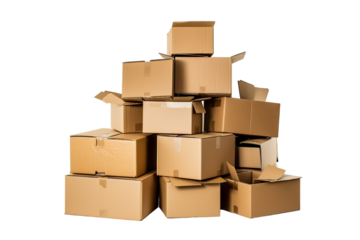 Stacked Brown Boxes in a Bright Warehouse During Daylight Hours on Transparent PNG Background..