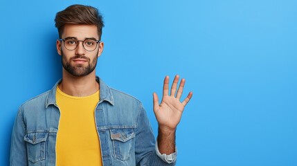 Naklejka premium A man in a yellow shirt and blue jacket is waving his hand in front of a blue wall
