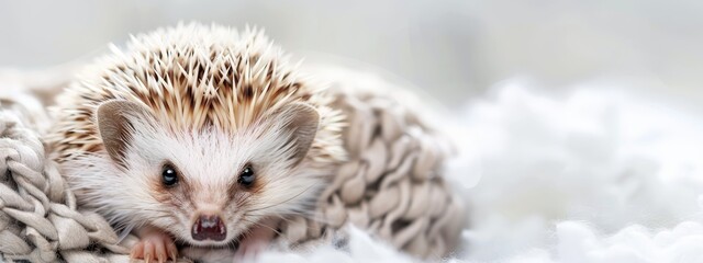  A hedgehog sits atop a blanket, its mouth agape, paw touching the fabric