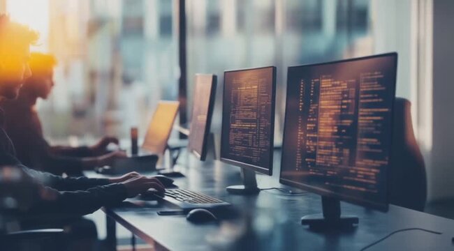 Computer typing scene with transparent data on screen, Slow motion camera with different angles