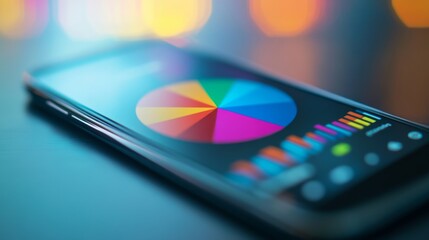 A close-up of a pie chart on a smartphone screen, with vibrant colors and a clear layout for business data visualization on-the-go.