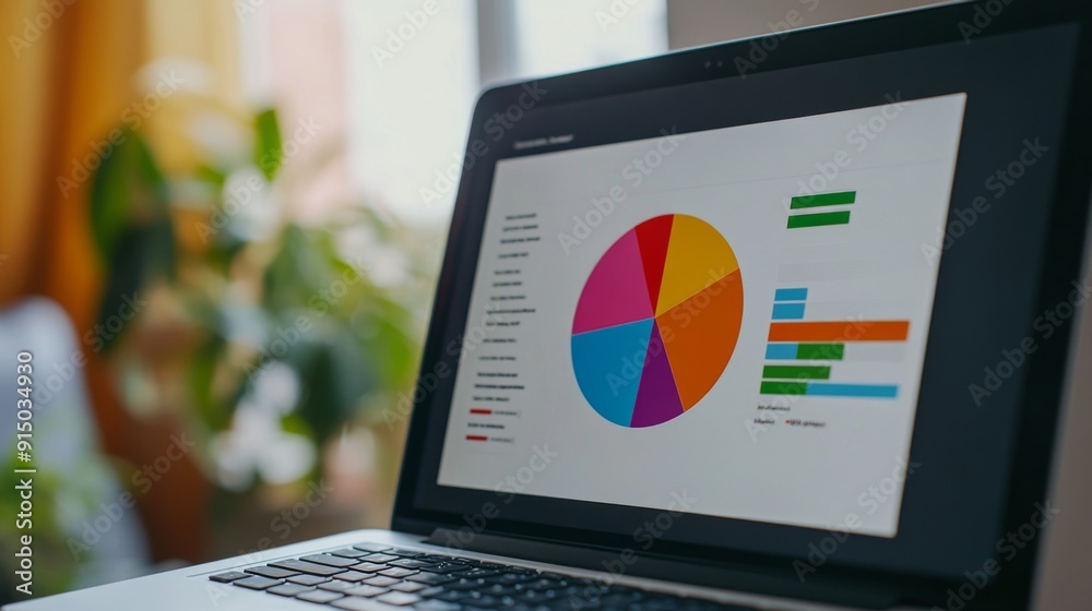 Poster a close-up of a laptop screen displaying a pie chart with different color segments, representing div