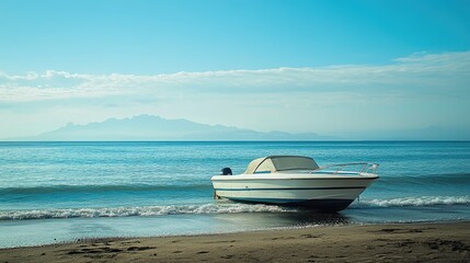 Obraz premium A cabin cruiser on Estepona Beach, creating a peaceful and scenic image perfect for text and design elements.